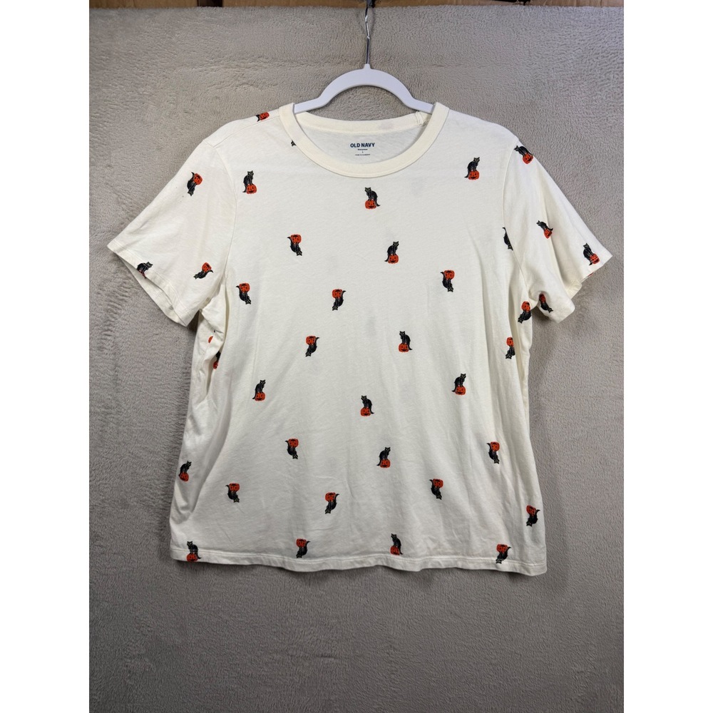 Old Navy T-Shirt Womens L White Halloween Black Cat Pumpkin Everywear Tee